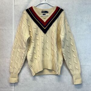 Vtg POLO RALPH LAUREN Cricket Sweater Men's Medium Jumper V-Neck 100% Wool EUC